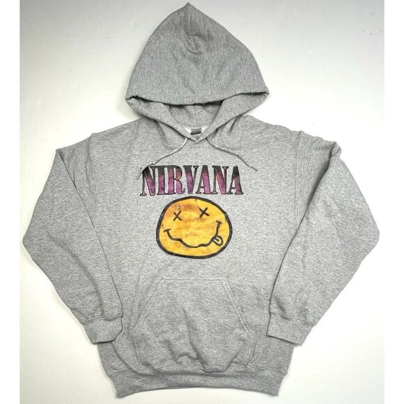 NIRVANA Adult SMALL Gray Graphic Print HOODIE Sweatshirt Smiley Face Gildan EUC - Picture 1 of 8